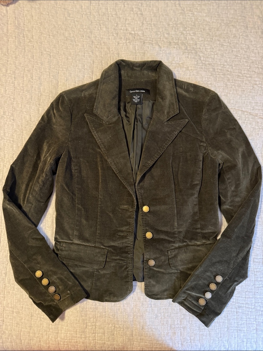 Calvin Klein “Vintage”Olive Green Corduroy Blazer with Gold Buttons